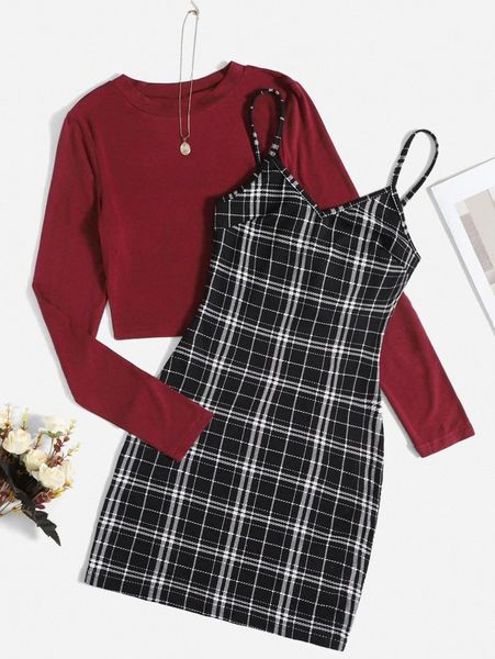 

solid & plaid print cami dress o1pe#, White