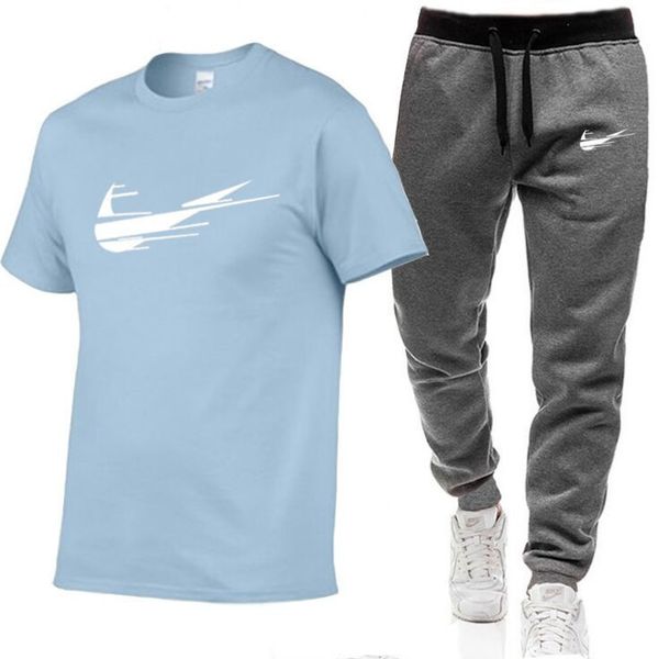 

2021 men's white t shirts+pants two pieces sets casual tracksuit men 100% cotton suit print +pants gyms fitness trousers s-2xl, Gray
