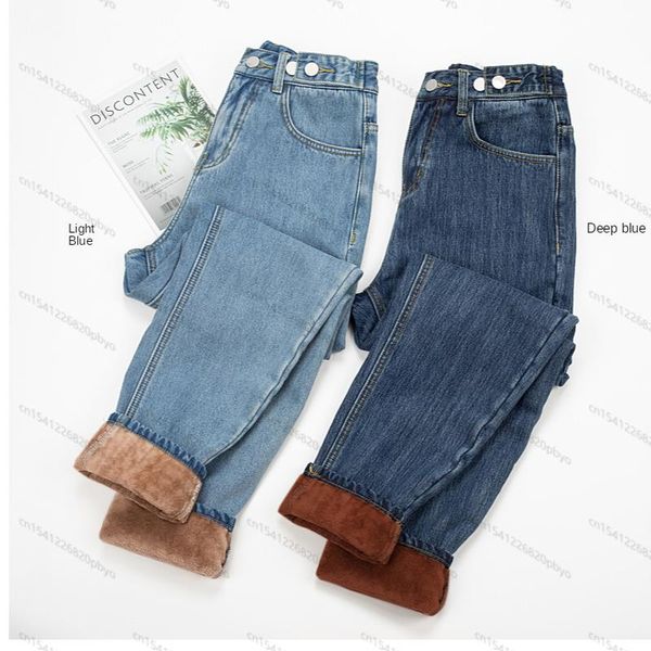 

women's jeans winter thick fleece warm loose mom harem pants women high waist casual streetwear female blue denim