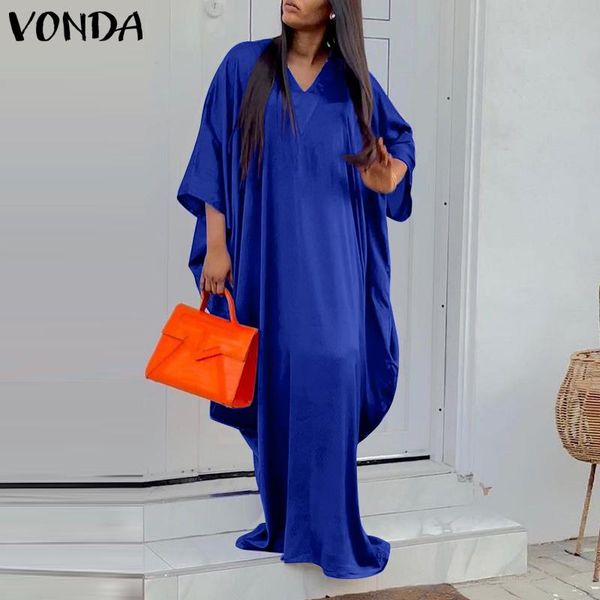 

casual dresses spring women's summes maxi dress 2021 vonda vintage short sleeve solid color v neck kaftan holiday long vestidos, Black;gray