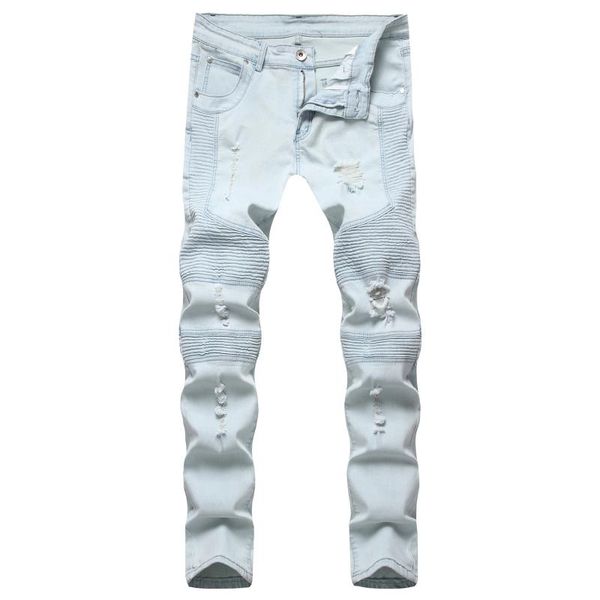 

2021 men's fashionable pleated ripped jeans youth stretch slim fit skinny all-match trousers, Blue