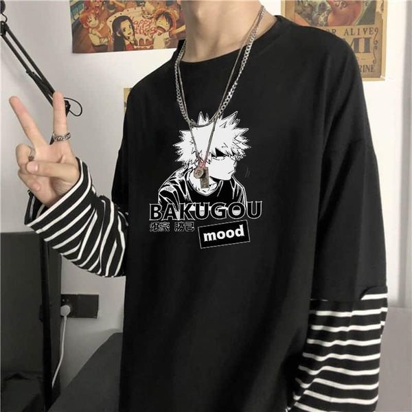 

men's t-shirts harajuku anime my hero academia t shirts fake two pieces funny manag katsuki bakugo summer long sleeve stripe shir, White;black