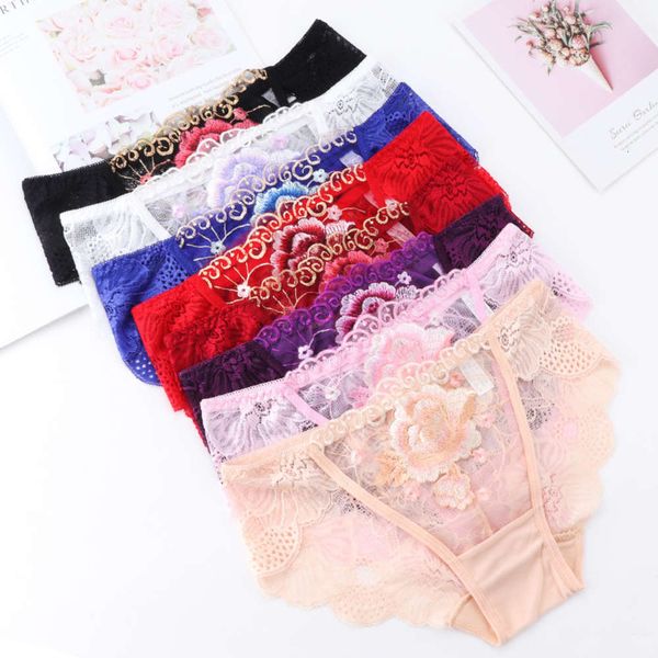 

lace embroidery peony large cotton crotch breathable fun briefs women's underwear, Black;white