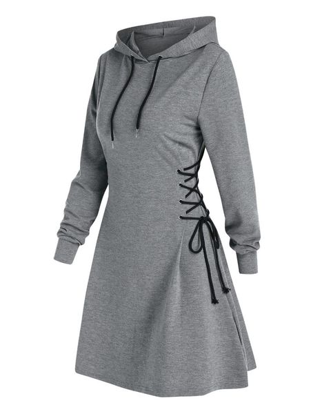 

wipalo casual women long sleeve autumn dress drawstring lace up mini hoodie dress vestidos femme gothic fashion streetwear, Black;gray