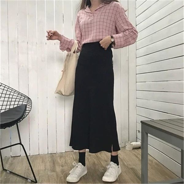 

skirts women chiffon skirt vintage high waist mid calf black 2021 autumn korean fashion solid color jupe femme zz536