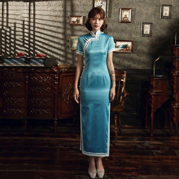 

ethnic clothing female solid satin cheongsam long mandarin collar chinese style evening dress gown slim qipao plus size 3xl vestidos, Red