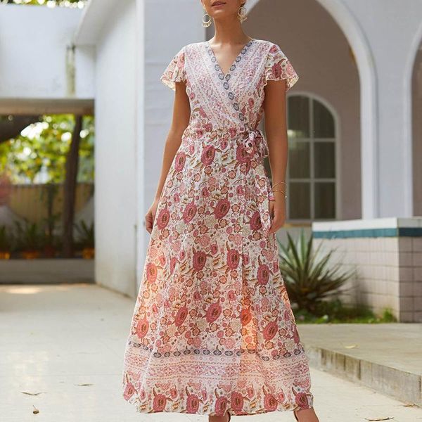 

casual dresses 2021 summer women ruffled short-sleeved chiffon dress floral backless evening party beach long maxi boho sundress, Black;gray