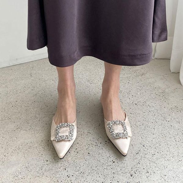 

slippers slipper outer wear female spring summer pointed shallow mouth man-made diamond buckle flat muller lazy leisure, Black