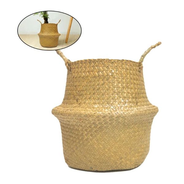 

storage baskets straw basket foldable seaweed woven garden facility flowerpot hanging basket(yellow)