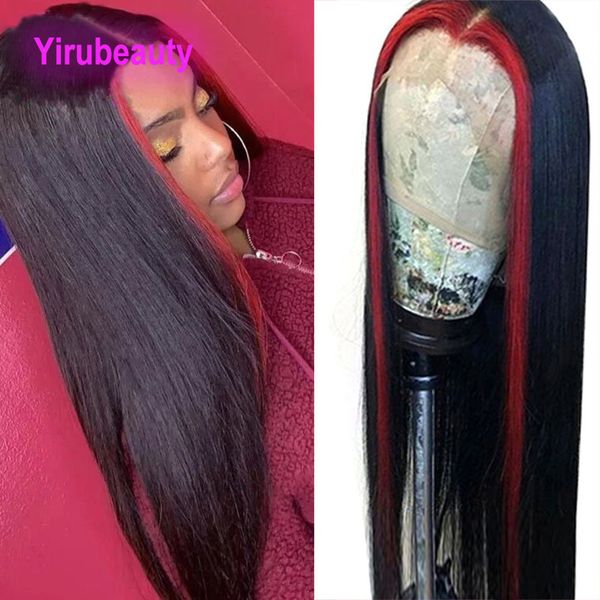 Destaque vermelho azul perucas brasileiras 100% cabelo humano em linha reta 13*4 peruca dianteira do laço parte do meio 12-32 polegadas peruano indiano cru cabelo virgem yirubeauty