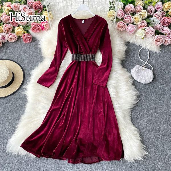 

casual dresses 2021 autumn winter women's chic v-neck long sleeve waist velvet a-line dress female elegant with belt, Black;gray