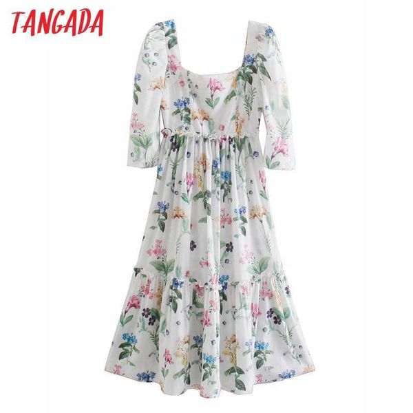 

tangada women flowers print romantic dress square collar back zipper females vintage dresses vestidos 2w81 210609, Black;gray