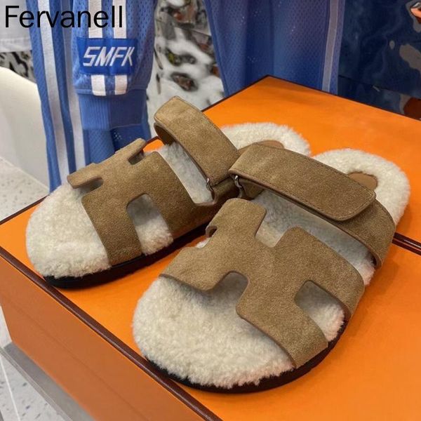 

slippers women fluffy winter genuine leather open toe flats sandal casual women's luxury designer fashion flat shoes, Black