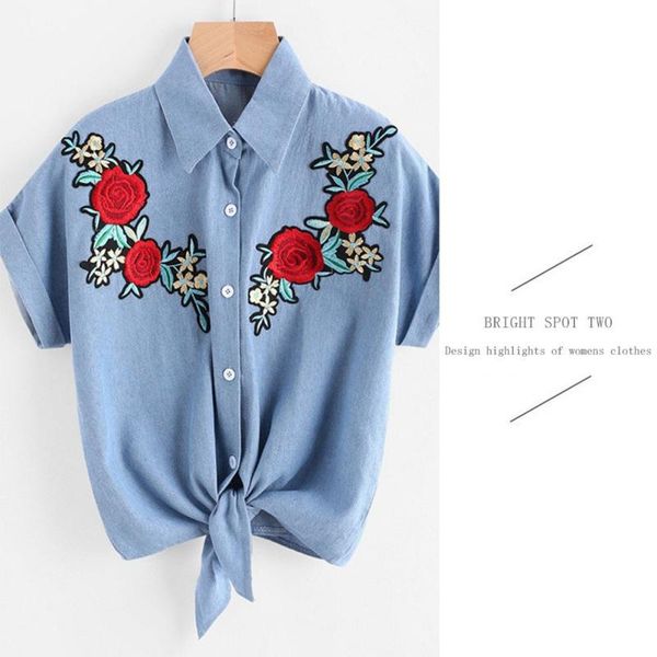 

woman rose embroidered shirt female summer short sleeve shirt denim blue blouse preppy style korean version 2021, White