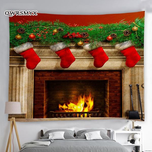 

tapestries christmas scene tapestry aesthetic xmas red socks 3d fireplace tree year room decor wall decoration for bedroom
