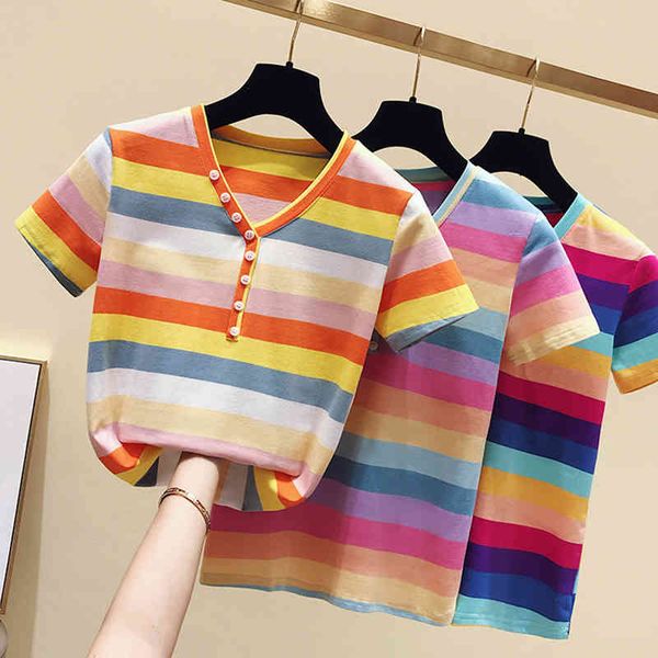 

women's t-shirt button-down and v-neck shirt, striped cotton korean for ladies, summer, 97pi, White