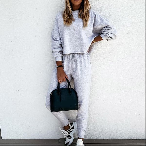 

autumn womens tracksuit set two pieces sets drop shoulder long sleeve female sweatshirt suit drawstring long pants ladies suits, Gray