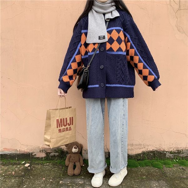 

2021 autumn new style geometric pattern color matching knitted open stitch coat loose all-match sweater women lt0x, White;black