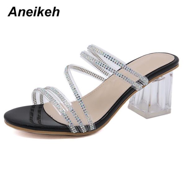

slippers aneikeh 2021 pvc women's summer dress shoes concise bling square heels polka dot outside shallow fashion elegant party, Black
