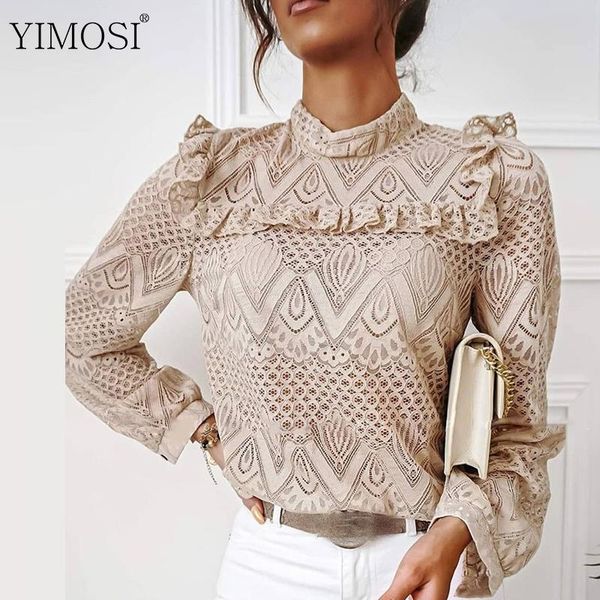 

women's blouses & shirts 2021 autumn elegant lace ruffles white blouse women long sleeve o neck slim korean hollow out office shirt