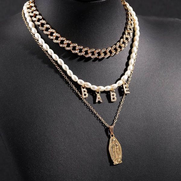

chokers diy name letter pearls beaded choker necklaces for women golded multilayer virgin mary thick cuban link chain necklace jewelry, Golden;silver