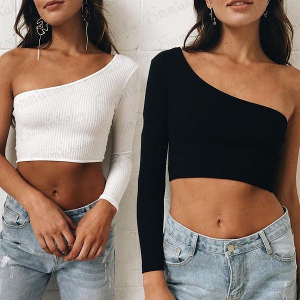 

2021 one shoulder slope long sleeve crop women fashion single sleeve t-shirt female black withe solid, White