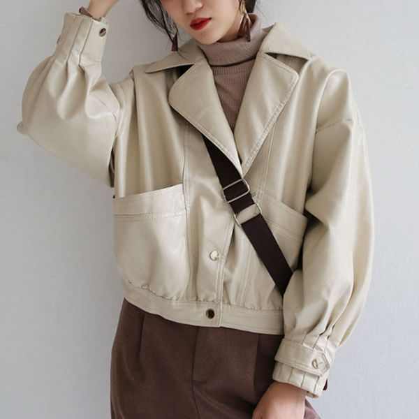 

2021 new women faux soft short jacket spring autumn streetwear loose moto biker pu leather coat female outwear vxum, Black