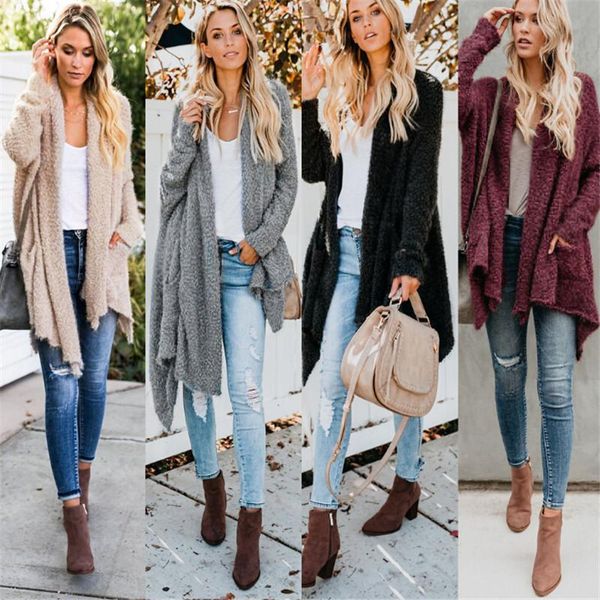 

women's vests cardigan solid cotton fleece fur jumper long sleeve jacket winter warm outerwear coat with pocket, Black;white