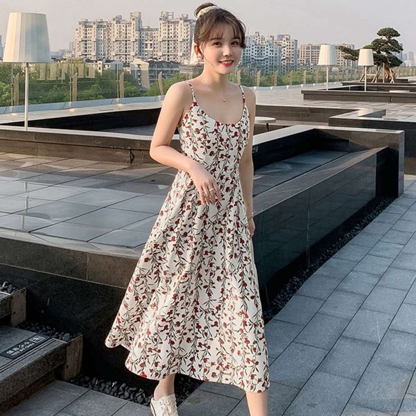 

floral suspender dress women's 2021 new summer a-line korean fashionable mid long skirt slim fashion, Gray