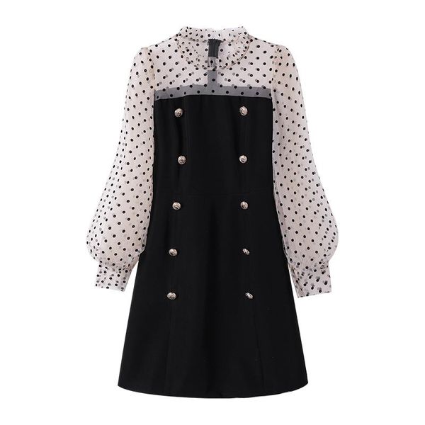 

casual dresses women black collar polka dot mesh patchwork double breasted lantern long sleeve empire a-line mini dress spring, Black;gray