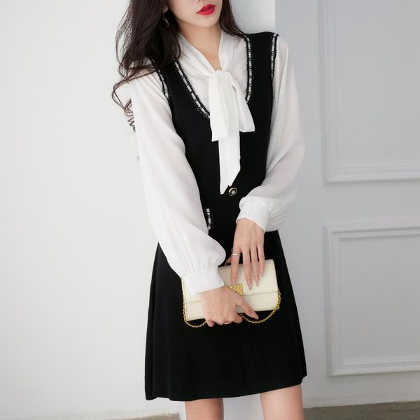 

casual dresses 2021 fashion women elegant black dress temperament small fragrant wind chiffon stitching knitted long sleeve, Black;gray