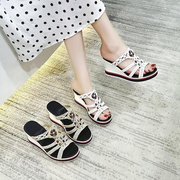 

slippers sandals women's high-heeled wedge-heel platform non-slip outer wear fs21s45, Black