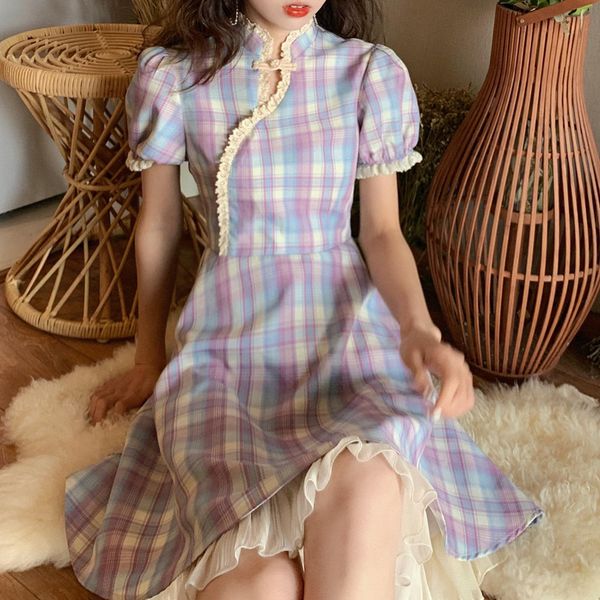 

casual dresses harajuku vintage gothic lolita lace ruffled plaid style slim chinese cheongsam dress short sleeve snzg, Black;gray