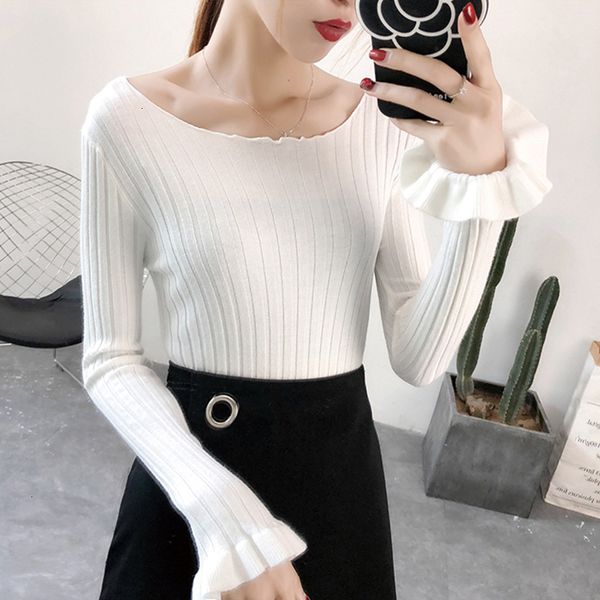 

2021 sweater autumn fashion slash neck knitted pullovers elegant slim fit flare sleeve women du5w, White;black