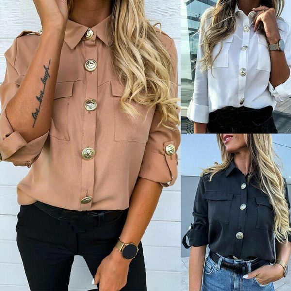Женские блузки рубашки женские формальные повседневные блузка мода с длинным рукавом сплошной цвет кнопки туника леди девушки 3 цвета