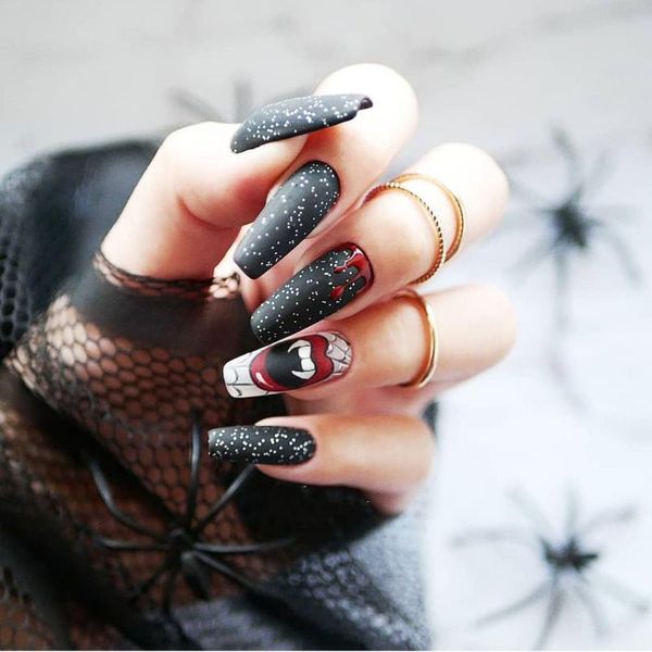 

false nails 24pcs long coffin red lips halloween artificial fake with glue press on diy manicure tools, Red;gold