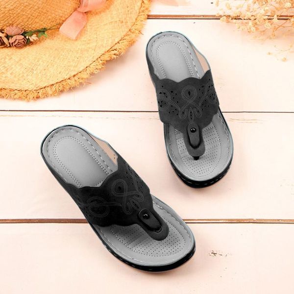 

slippers women's 2021 summer shoes vintage bohemian style wedge flip flops hollow out slip up beach women, Black