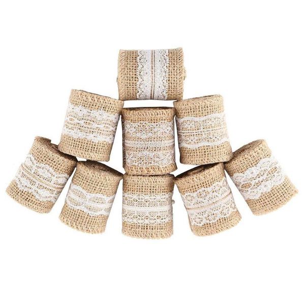 

sashes 9 packs hessian burlap ribbon rolls with white lace natural wreath for gift wrapping strap wedding party home decoration