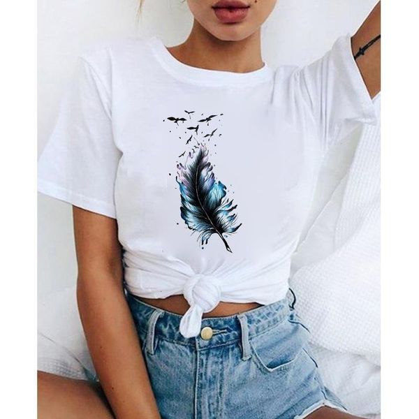 

women 2021 summer short sleeve feather fashion print lady t-shirts t shirt ladies womens graphic female tee t-shirts, White