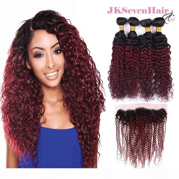 

1b burgundy curly wave brazilian hair bundles 4pcs with 13x4 inch frontal dark roots burgundy indian malaysian peruvian hair wefts w frontal, Black