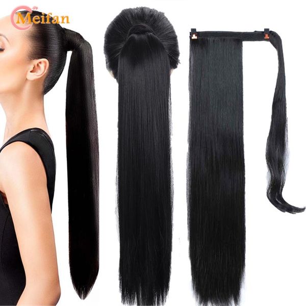 

synthetic wigs meifan long straight clip in hair tail nature fake ponytail hairpiece with hairpins high temperature ponytai, Black