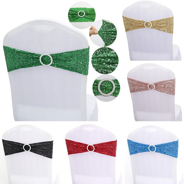 

sashes spandex chair quality shiny sequin rose gold stretch bands with round buckle for wedding events party decoration