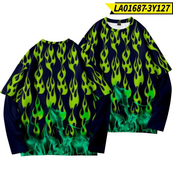 

men's t-shirts fake two pieces green fire print t-shirt summer fashion streetwear harajuku hip hop tshirts oversized 6xl, White;black