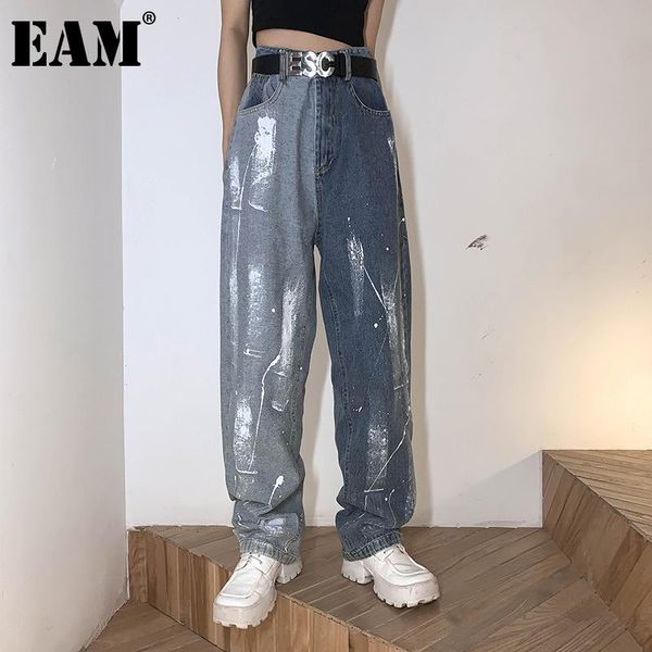 

women's jeans [eam] high waist contrast color long denim wide leg loose women trousers fashion tide spring autumn 2021 1de0904, Blue
