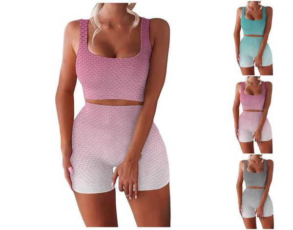 

yoga outfit 2021 summer products shorts wear casual two-piece umbilical vest high waist gradient
