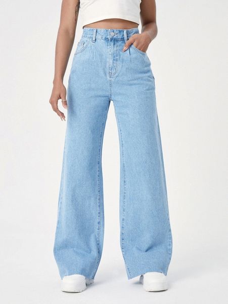 

zipper fly wide leg jeans b9ri#, Blue