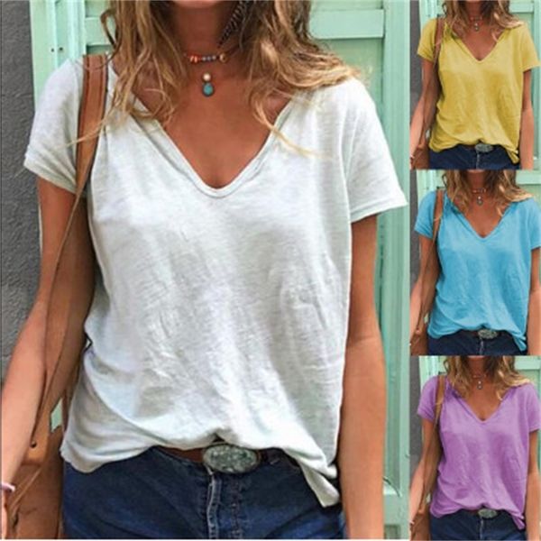 

2020 summer new women's loose v-neck short sleeve t-shirt, White