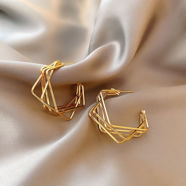 

2021 designers women's earringsneedle s925 silver korean version metal irregular tide geometric square multi-layer net red versatile, Golden