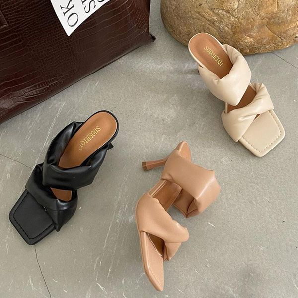 

slippers 2021 summer square toe women fashion thin high heel ladies mules elegant female outside slides sandal shoes, Black