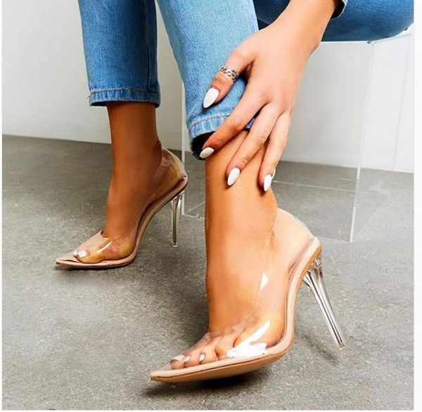 

sandals high-heeled women's shoes 35-42 large size transparent pointed, Black